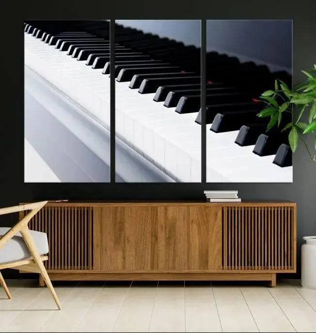 The "Piano Artwork Canvas Wall Art Print," crafted on museum-quality canvas with a UV-protective coating, is displayed in the modern living room.