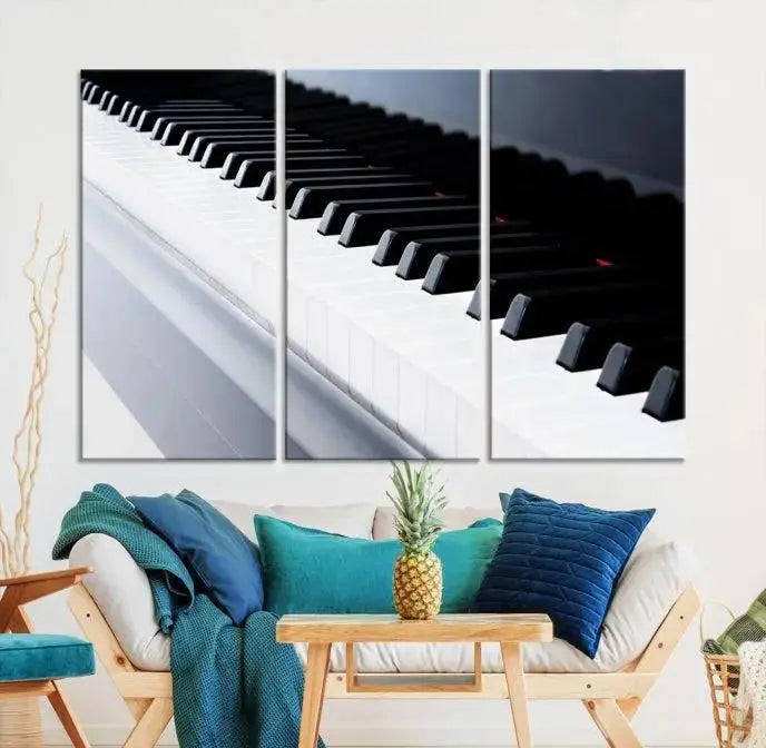 The "Piano Artwork Canvas Wall Art Print," crafted on museum-quality canvas with a UV-protective coating, is displayed in the modern living room.