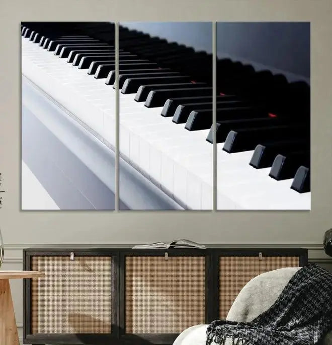 The "Piano Artwork Canvas Wall Art Print," crafted on museum-quality canvas with a UV-protective coating, is displayed in the modern living room.