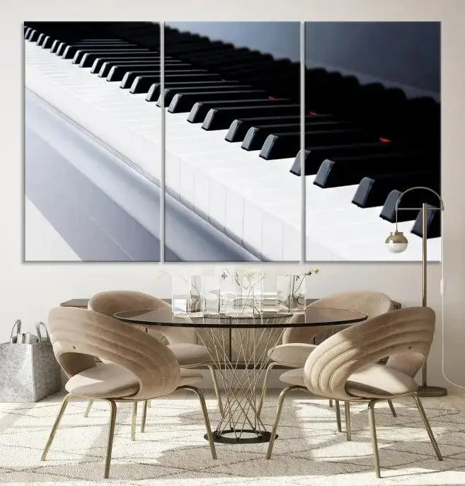 The "Piano Artwork Canvas Wall Art Print," crafted on museum-quality canvas with a UV-protective coating, is displayed in the modern living room.