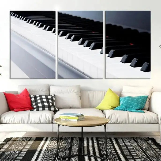 The "Piano Artwork Canvas Wall Art Print," crafted on museum-quality canvas with a UV-protective coating, is displayed in the modern living room.