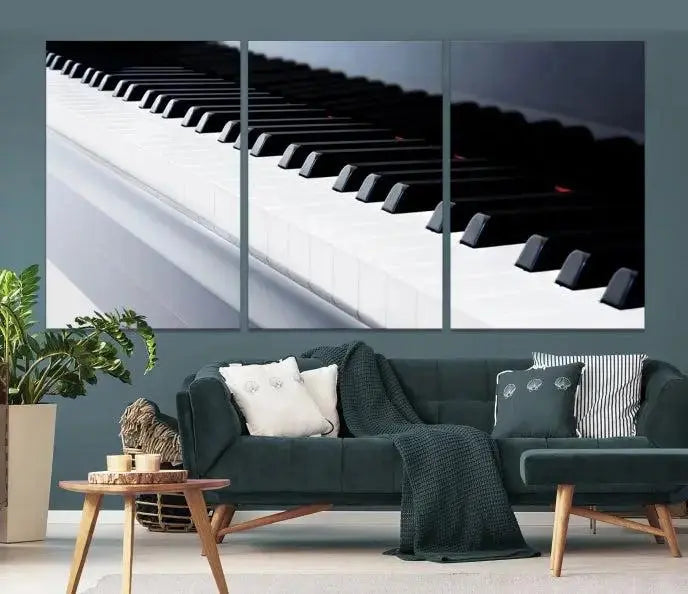 The "Piano Artwork Canvas Wall Art Print," crafted on museum-quality canvas with a UV-protective coating, is displayed in the modern living room.