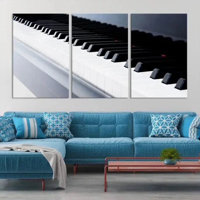 The "Piano Artwork Canvas Wall Art Print," crafted on museum-quality canvas with a UV-protective coating, is displayed in the modern living room.