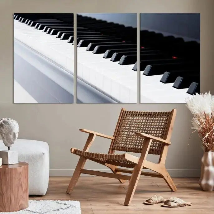 The "Piano Artwork Canvas Wall Art Print," crafted on museum-quality canvas with a UV-protective coating, is displayed in the modern living room.