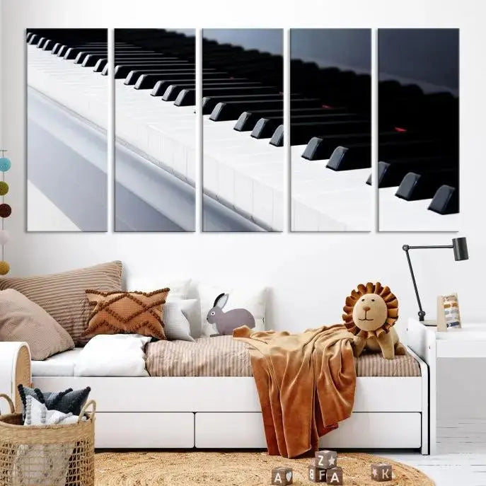 The "Piano Artwork Canvas Wall Art Print," crafted on museum-quality canvas with a UV-protective coating, is displayed in the modern living room.