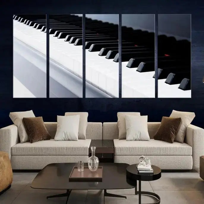 The "Piano Artwork Canvas Wall Art Print," crafted on museum-quality canvas with a UV-protective coating, is displayed in the modern living room.