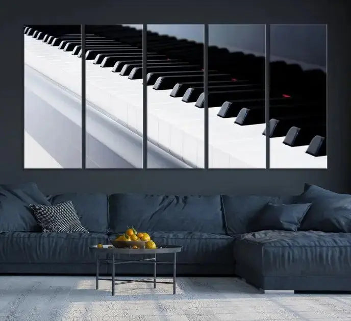 The "Piano Artwork Canvas Wall Art Print," crafted on museum-quality canvas with a UV-protective coating, is displayed in the modern living room.