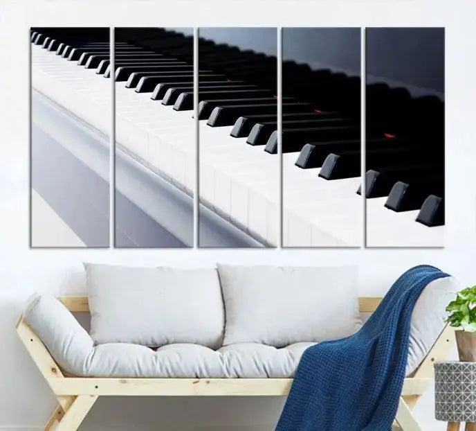 The "Piano Artwork Canvas Wall Art Print," crafted on museum-quality canvas with a UV-protective coating, is displayed in the modern living room.