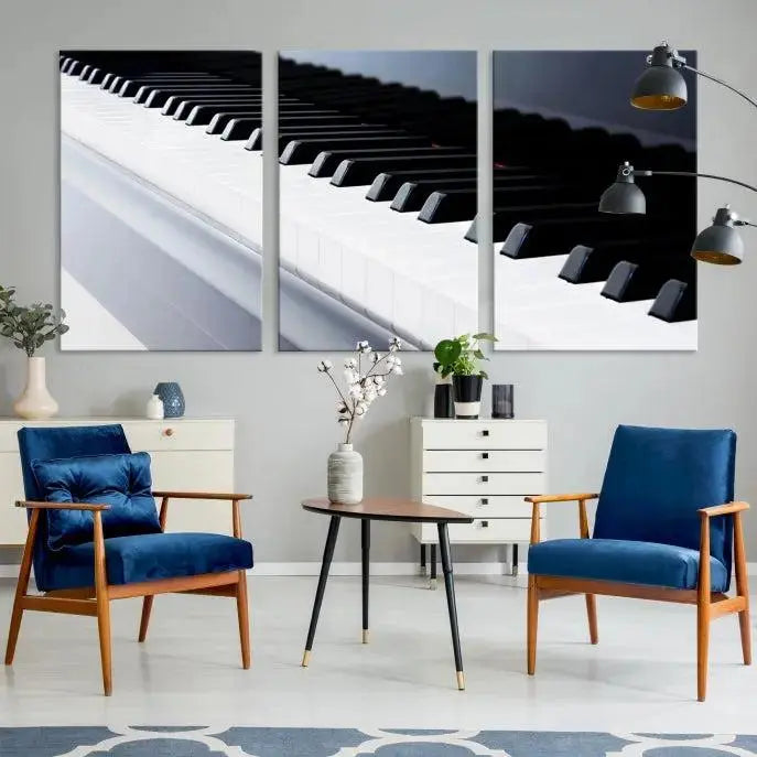 The "Piano Artwork Canvas Wall Art Print," crafted on museum-quality canvas with a UV-protective coating, is displayed in the modern living room.