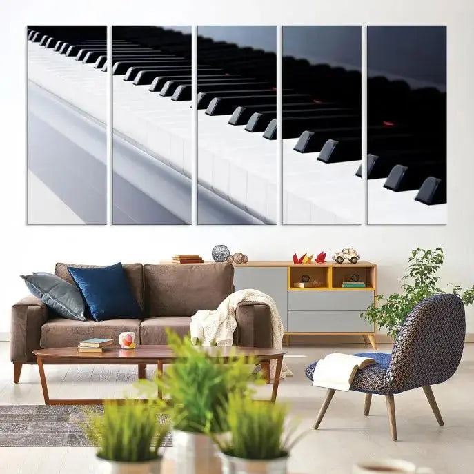 The "Piano Artwork Canvas Wall Art Print," crafted on museum-quality canvas with a UV-protective coating, is displayed in the modern living room.