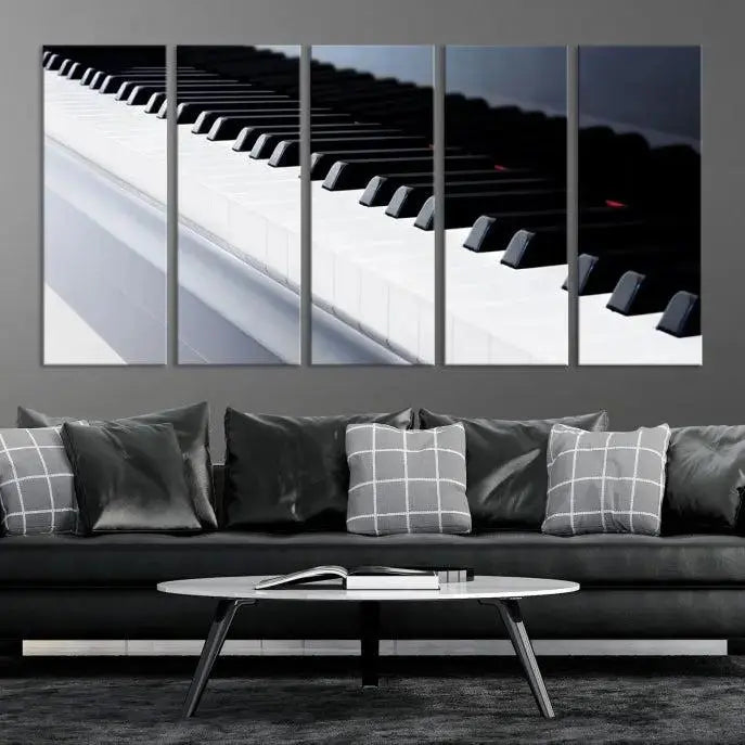 The "Piano Artwork Canvas Wall Art Print," crafted on museum-quality canvas with a UV-protective coating, is displayed in the modern living room.