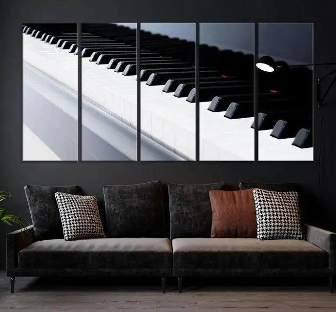 The "Piano Artwork Canvas Wall Art Print," crafted on museum-quality canvas with a UV-protective coating, is displayed in the modern living room.