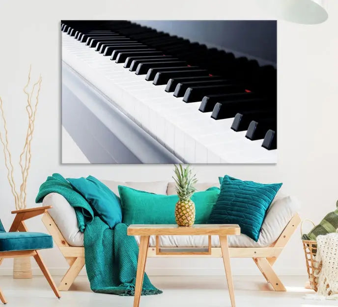 The "Piano Artwork Canvas Wall Art Print," crafted on museum-quality canvas with a UV-protective coating, is displayed in the modern living room.