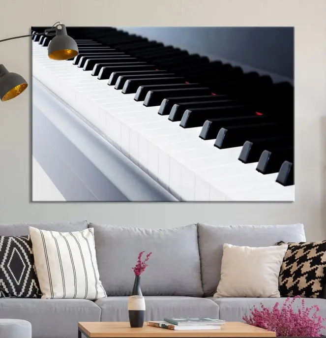 The "Piano Artwork Canvas Wall Art Print," crafted on museum-quality canvas with a UV-protective coating, is displayed in the modern living room.