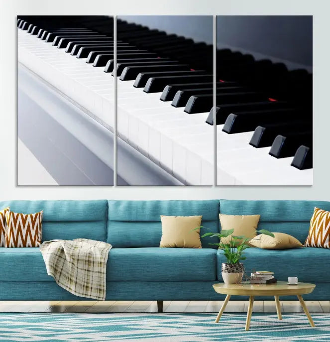 The "Piano Artwork Canvas Wall Art Print," crafted on museum-quality canvas with a UV-protective coating, is displayed in the modern living room.