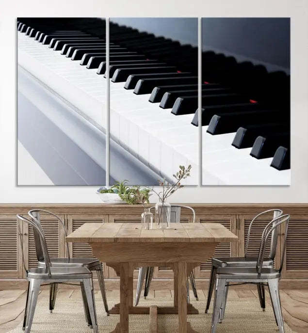 The "Piano Artwork Canvas Wall Art Print," crafted on museum-quality canvas with a UV-protective coating, is displayed in the modern living room.