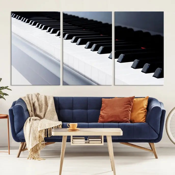 The "Piano Artwork Canvas Wall Art Print," crafted on museum-quality canvas with a UV-protective coating, is displayed in the modern living room.