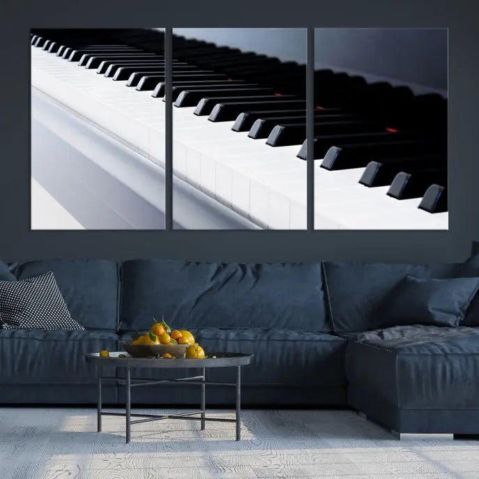 The "Piano Artwork Canvas Wall Art Print," crafted on museum-quality canvas with a UV-protective coating, is displayed in the modern living room.