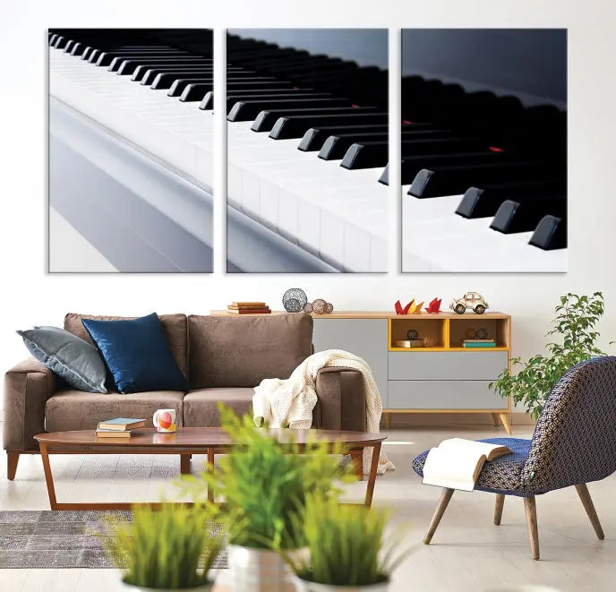 The "Piano Artwork Canvas Wall Art Print," crafted on museum-quality canvas with a UV-protective coating, is displayed in the modern living room.