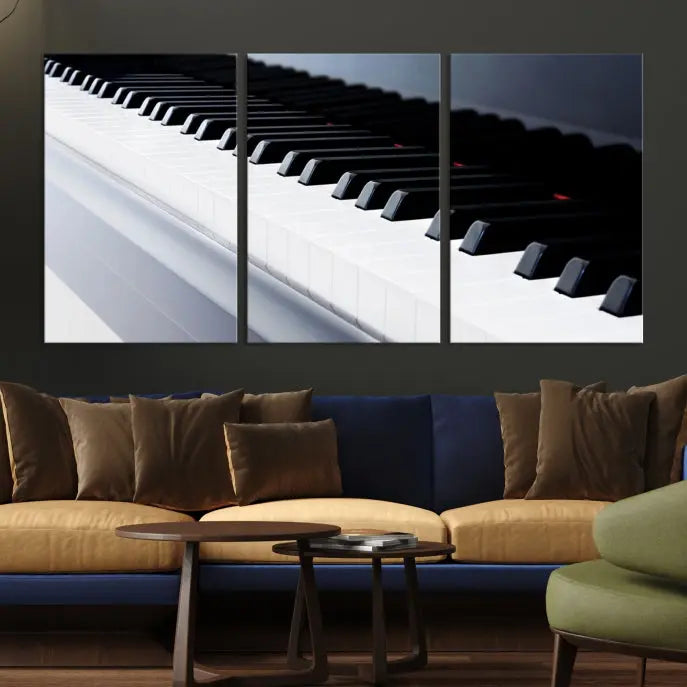 The "Piano Artwork Canvas Wall Art Print," crafted on museum-quality canvas with a UV-protective coating, is displayed in the modern living room.