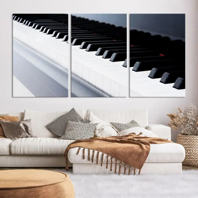 The "Piano Artwork Canvas Wall Art Print," crafted on museum-quality canvas with a UV-protective coating, is displayed in the modern living room.