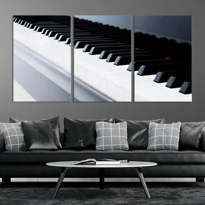 The "Piano Artwork Canvas Wall Art Print," crafted on museum-quality canvas with a UV-protective coating, is displayed in the modern living room.