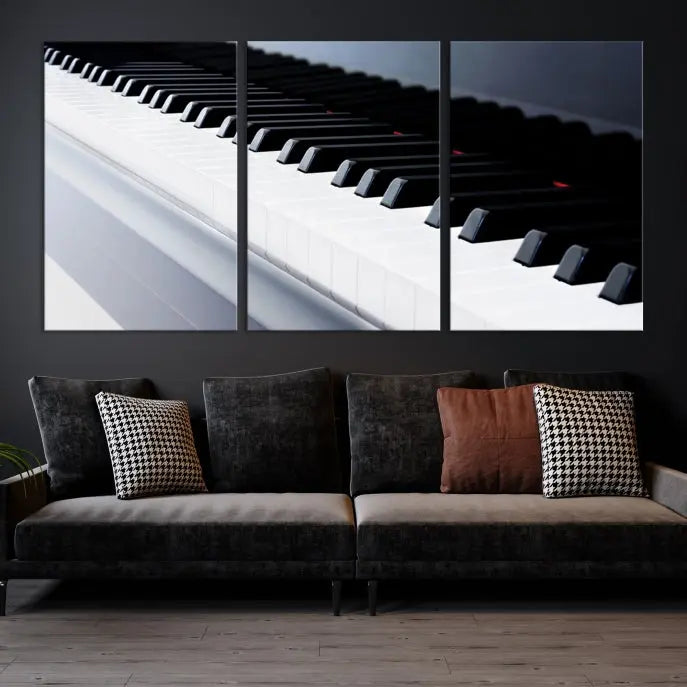 The "Piano Artwork Canvas Wall Art Print," crafted on museum-quality canvas with a UV-protective coating, is displayed in the modern living room.