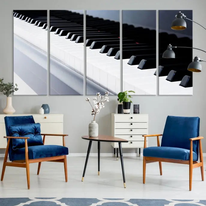 The "Piano Artwork Canvas Wall Art Print," crafted on museum-quality canvas with a UV-protective coating, is displayed in the modern living room.