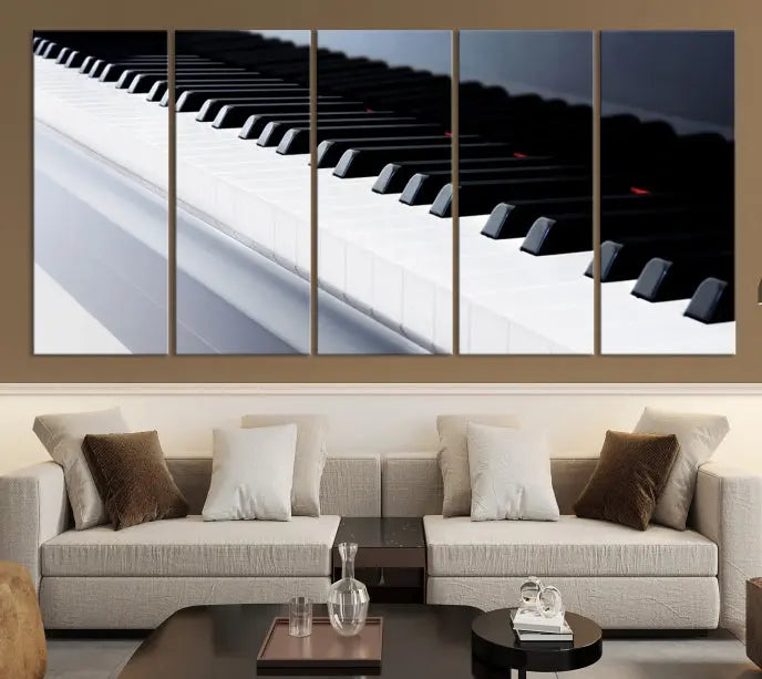 The "Piano Artwork Canvas Wall Art Print," crafted on museum-quality canvas with a UV-protective coating, is displayed in the modern living room.