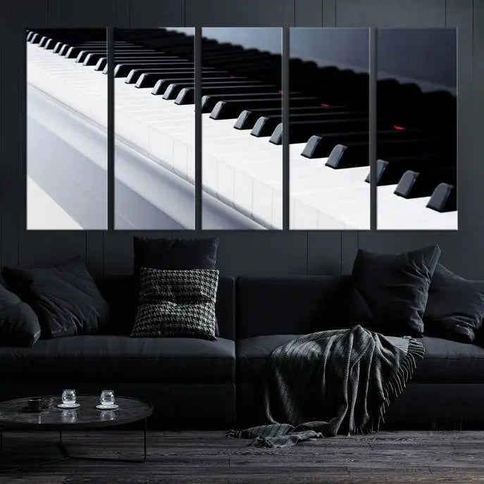 The "Piano Artwork Canvas Wall Art Print," crafted on museum-quality canvas with a UV-protective coating, is displayed in the modern living room.