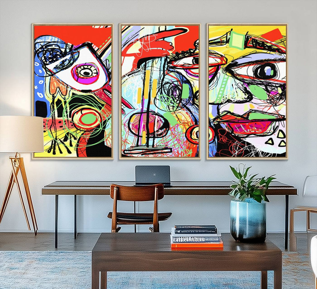 37796-MGV-FC-48X32-3P_Natural-Picasso Style Art Abstract Canvas Wall Art Print , Colorful Abstract Artwork