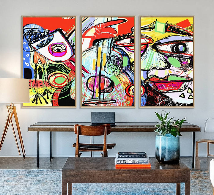 37796-MGV-FC-48X32-3P_Natural-Picasso Style Art Abstract Canvas Wall Art Print , Colorful Abstract Artwork