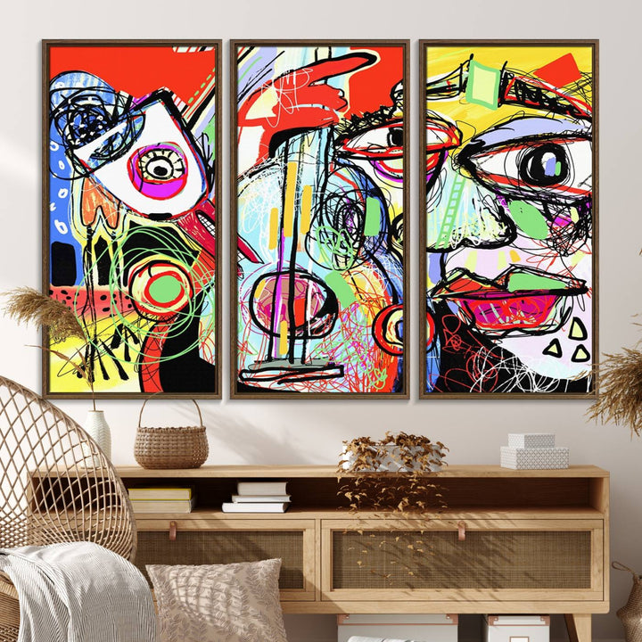 37796-MGV-FC-48X32-3P_Walnut-Picasso Style Art Abstract Canvas Wall Art Print , Colorful Abstract Artwork