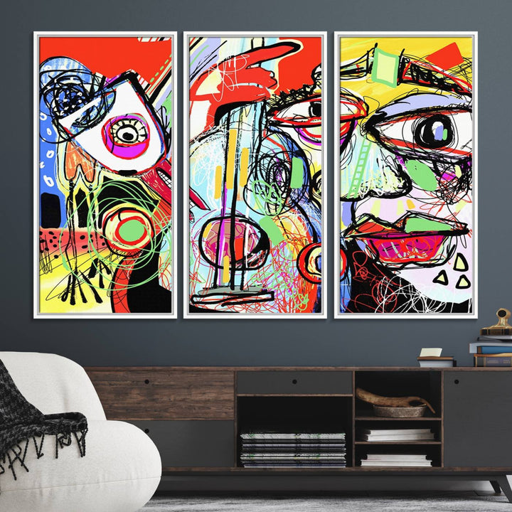 37796-MGV-FC-48X32-3P_White-Picasso Style Art Abstract Canvas Wall Art Print , Colorful Abstract Artwork