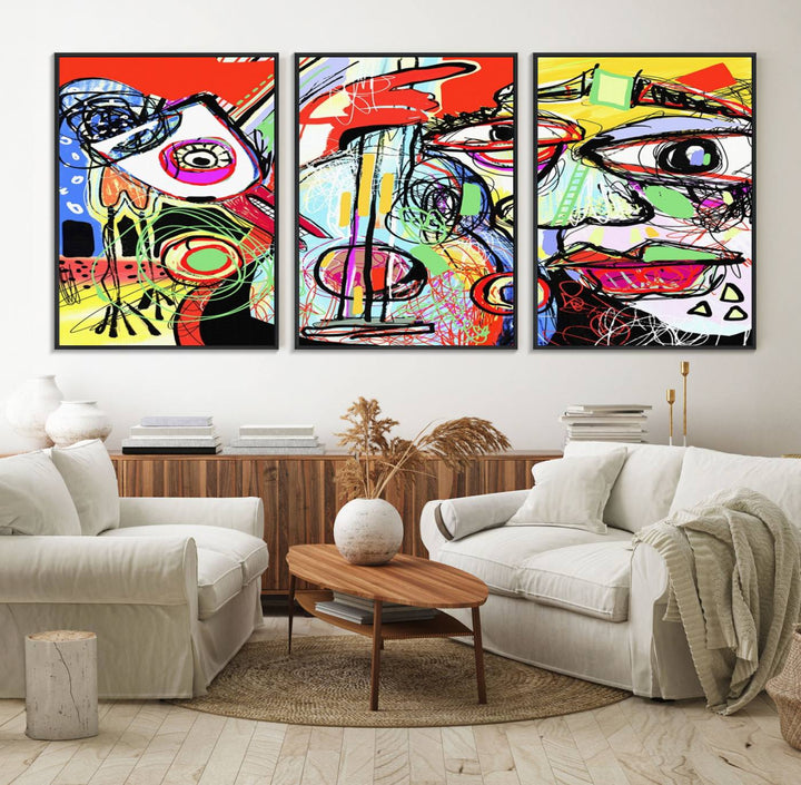 37796-MGV-FC-60X30-3P_Black-Picasso Style Art Abstract Canvas Wall Art Print , Colorful Abstract Artwork
