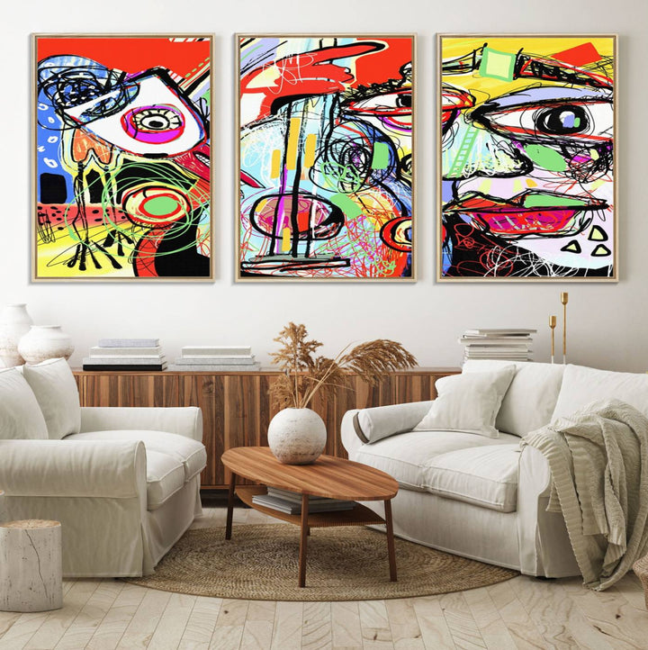 37796-MGV-FC-60X30-3P_Natural-Picasso Style Art Abstract Canvas Wall Art Print , Colorful Abstract Artwork