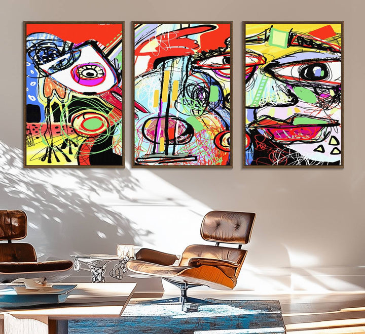 37796-MGV-FC-60X30-3P_Walnut-Picasso Style Art Abstract Canvas Wall Art Print , Colorful Abstract Artwork