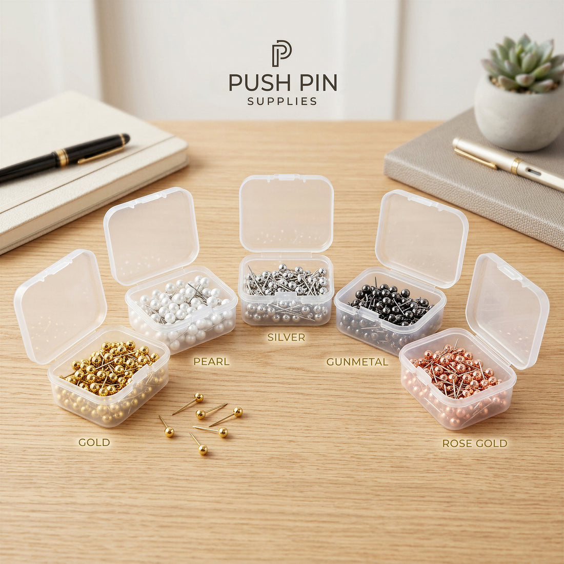 Metallic Push Pins for Travel Maps, Box of 100 Map Pins in Gold, Silver, Rose Gold, Gunmetal and Pearl