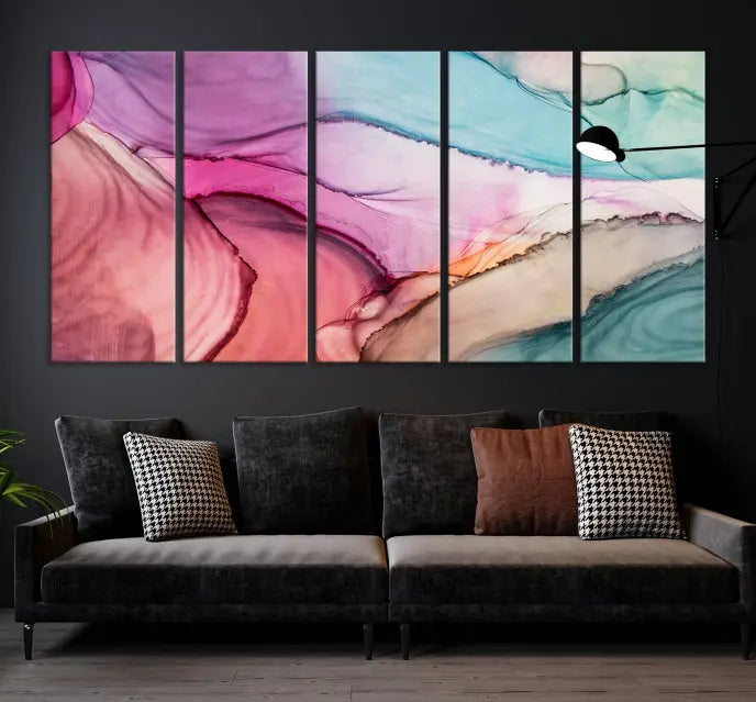 The Pink Abstract Marble Wall Art Canvas Print, a five-panel masterpiece on museum-quality canvas, showcases pink, blue, and beige waves. This gallery-wrapped artwork includes a UV-protective coating to ensure lasting vibrancy.