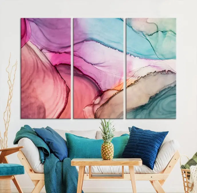 The Pink Abstract Marble Wall Art Canvas Print, a five-panel masterpiece on museum-quality canvas, showcases pink, blue, and beige waves. This gallery-wrapped artwork includes a UV-protective coating to ensure lasting vibrancy.