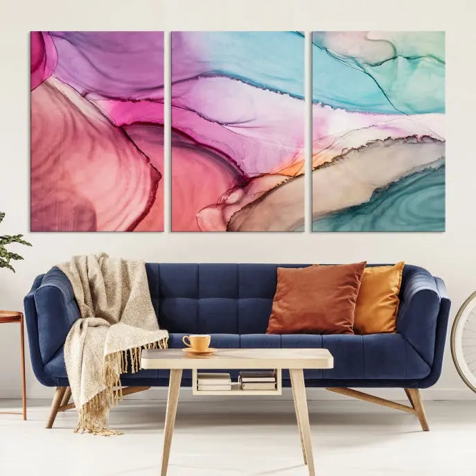 The Pink Abstract Marble Wall Art Canvas Print, a five-panel masterpiece on museum-quality canvas, showcases pink, blue, and beige waves. This gallery-wrapped artwork includes a UV-protective coating to ensure lasting vibrancy.