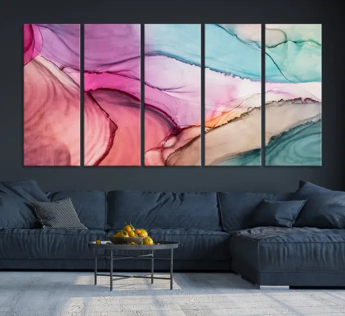 The Pink Abstract Marble Wall Art Canvas Print, a five-panel masterpiece on museum-quality canvas, showcases pink, blue, and beige waves. This gallery-wrapped artwork includes a UV-protective coating to ensure lasting vibrancy.