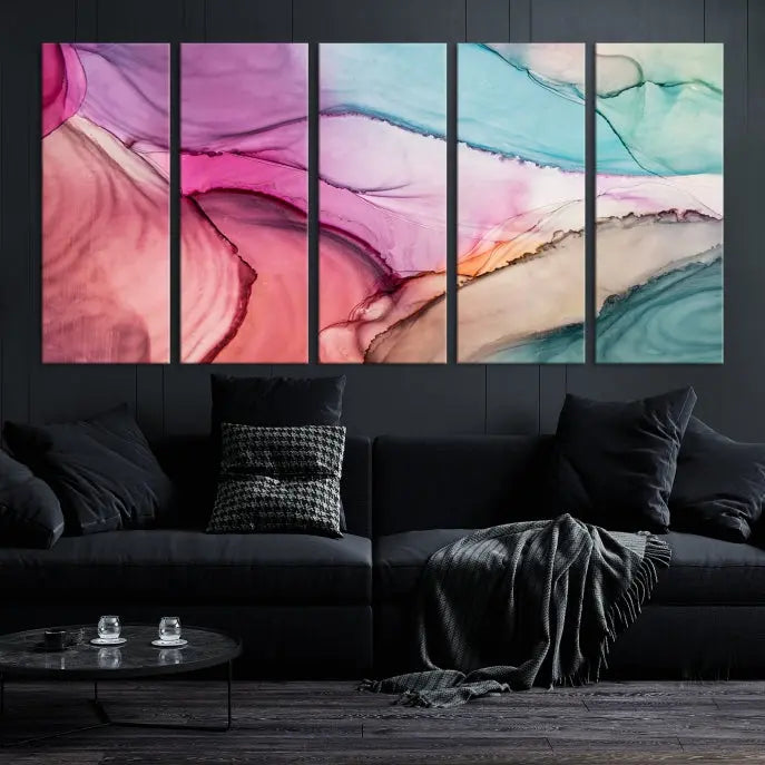 The Pink Abstract Marble Wall Art Canvas Print, a five-panel masterpiece on museum-quality canvas, showcases pink, blue, and beige waves. This gallery-wrapped artwork includes a UV-protective coating to ensure lasting vibrancy.