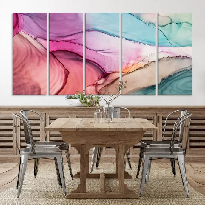 The Pink Abstract Marble Wall Art Canvas Print, a five-panel masterpiece on museum-quality canvas, showcases pink, blue, and beige waves. This gallery-wrapped artwork includes a UV-protective coating to ensure lasting vibrancy.