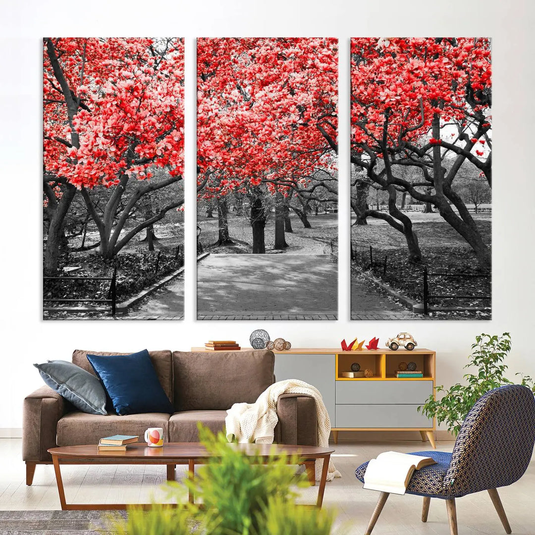 Triptych of a grayscale park scene with bold pink cherry blossoms, beautifully printed on museum-quality canvas. The "Pink Cherry Blossoms Flowers Canvas Wall Art Print" is gallery wrapped for a sleek appearance.