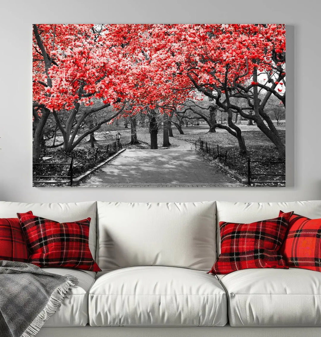 Triptych of a grayscale park scene with bold pink cherry blossoms, beautifully printed on museum-quality canvas. The "Pink Cherry Blossoms Flowers Canvas Wall Art Print" is gallery wrapped for a sleek appearance.