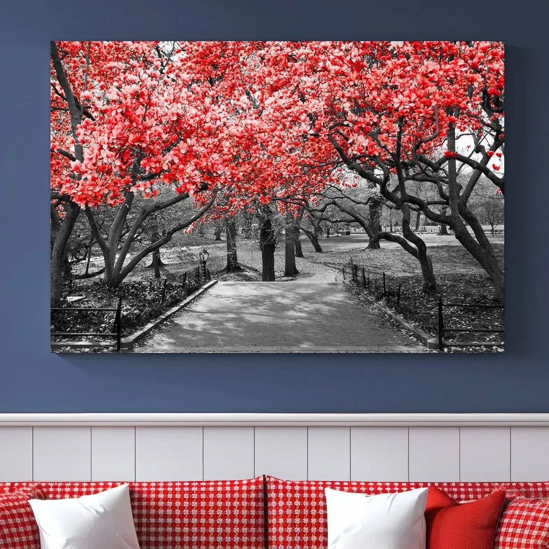 Triptych of a grayscale park scene with bold pink cherry blossoms, beautifully printed on museum-quality canvas. The "Pink Cherry Blossoms Flowers Canvas Wall Art Print" is gallery wrapped for a sleek appearance.