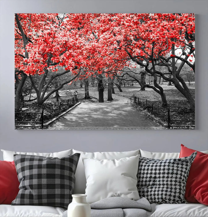 Triptych of a grayscale park scene with bold pink cherry blossoms, beautifully printed on museum-quality canvas. The "Pink Cherry Blossoms Flowers Canvas Wall Art Print" is gallery wrapped for a sleek appearance.