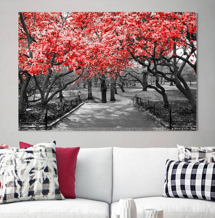 Triptych of a grayscale park scene with bold pink cherry blossoms, beautifully printed on museum-quality canvas. The "Pink Cherry Blossoms Flowers Canvas Wall Art Print" is gallery wrapped for a sleek appearance.