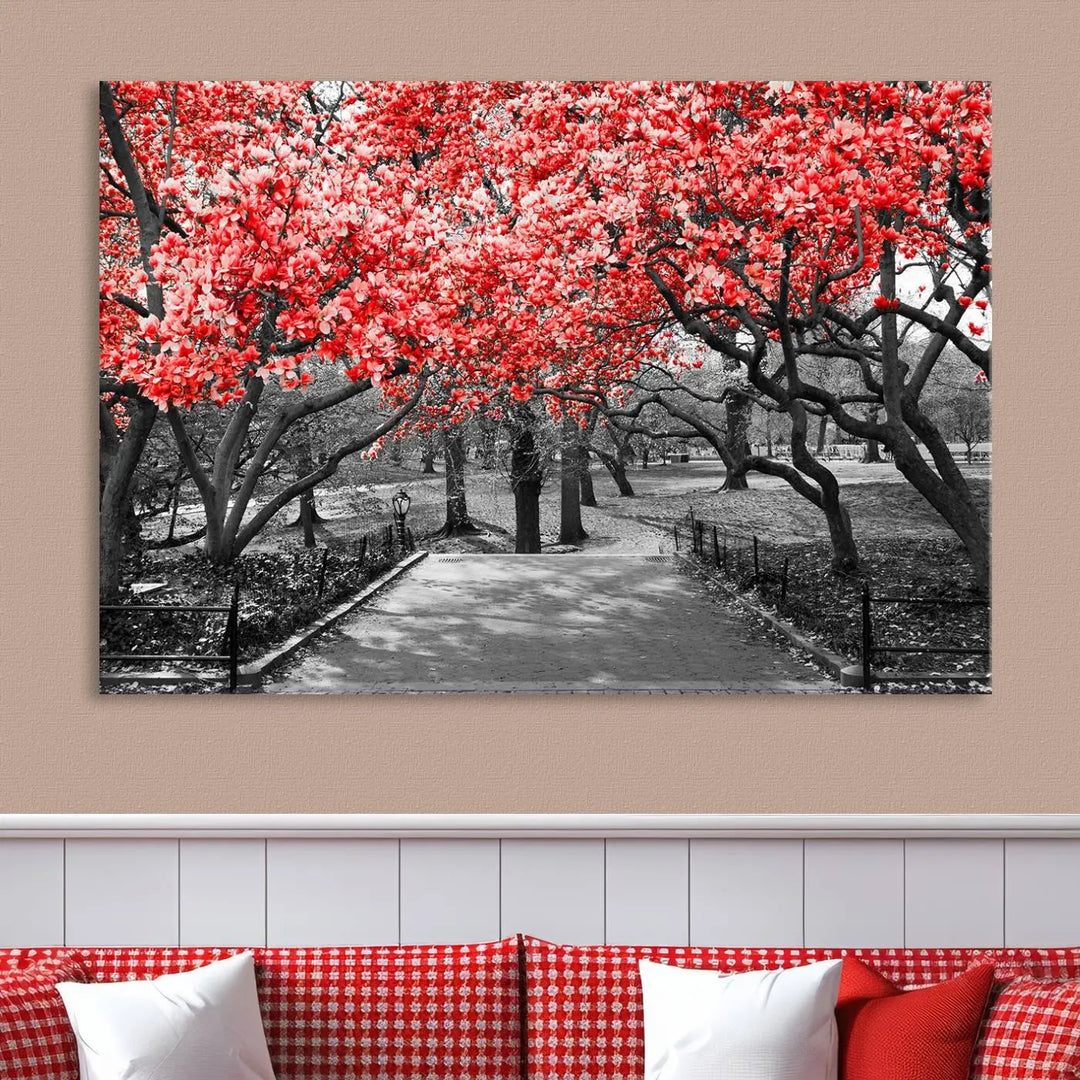 Triptych of a grayscale park scene with bold pink cherry blossoms, beautifully printed on museum-quality canvas. The "Pink Cherry Blossoms Flowers Canvas Wall Art Print" is gallery wrapped for a sleek appearance.